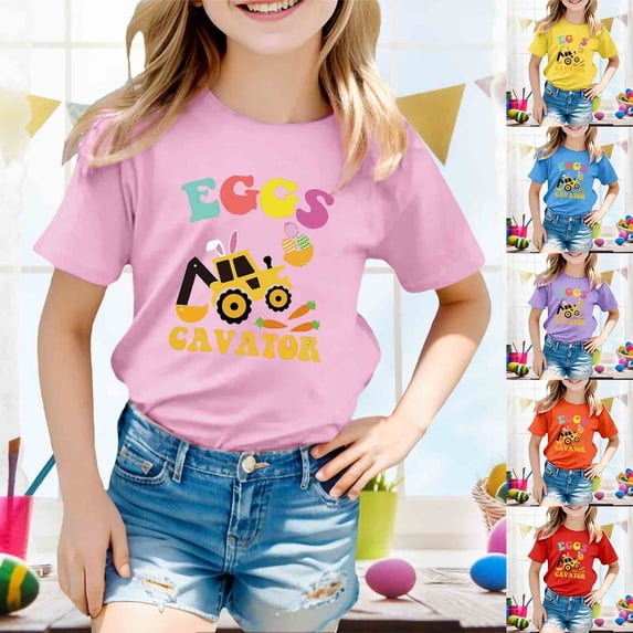 MUXiin Girls Easter Shirt Size 10 3d Prints Short Sleeve T-Shirt Happy Easter Easter Day Funny Tees T-Shirts Toddler To Big Kid (Blue,6-7 Years)