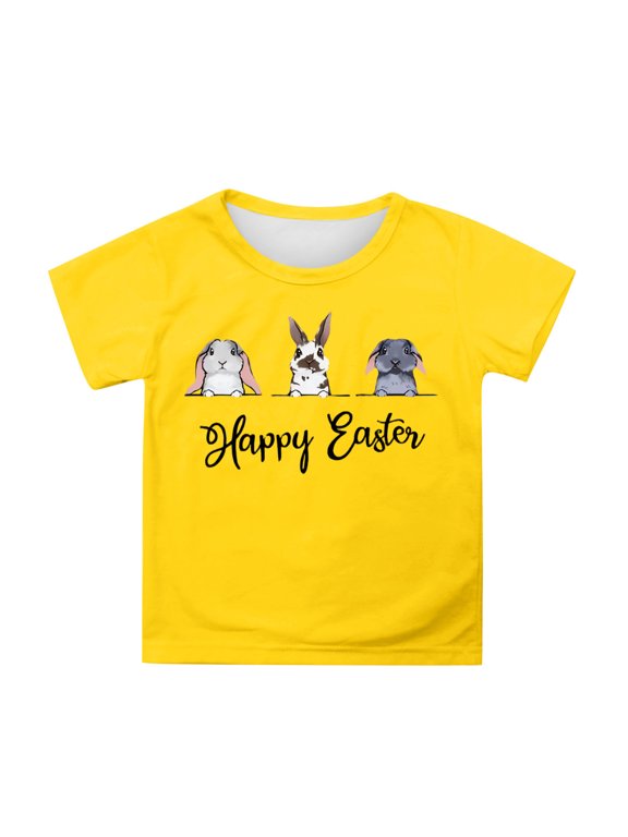 Girls Easter Shirt Size 12 Rabbit Print Short Sleeve Tee for Toddler Comfortable Easter Day Summer Tops Tee for Toddler & Kids Easter Gifts for Girls(Yellow,3-4 Years)