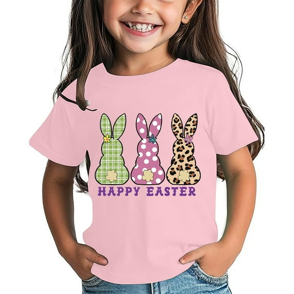 MUXiin Girls Easter Shirt Size 6 Rabbit Print Short Sleeve Tee for Toddler Easter Day Happy Easter Tee Shirt T Shirt for Boys and Girls Easter Gifts for Girls(Pink,6-7 Years)