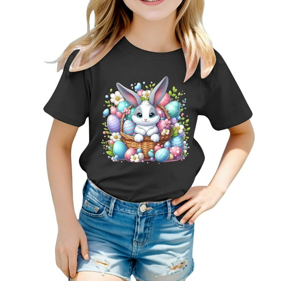 MUXiin Girls Easter Shirt Size 6 Rabbit Tops Egg Short Sleeve T Shirts Comfy Happy Easter Tee Shirt Girls' Tops, Tees & Blouses Easter Gifts for Boys(Black,100)
