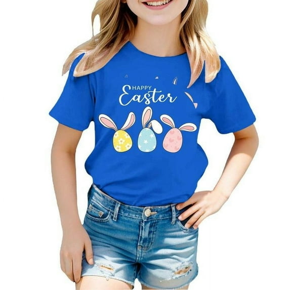 MUXiin Girls Easter Shirt Size 8 3d Prints Short Sleeve T-Shirt Easter's Day Easter Day Tee Shirt T-Shirts Toddler To Big Kid Easter Gifts for Kids(Blue,4-5 Years)
