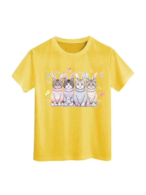 Girls Easter Shirt Size 8 Bunny Short Sleeve T Shirt Happy Easter Easter Day Preppy Tops Clothes for Girls Easter Gifts for Boys(Yellow,12-13 Years)