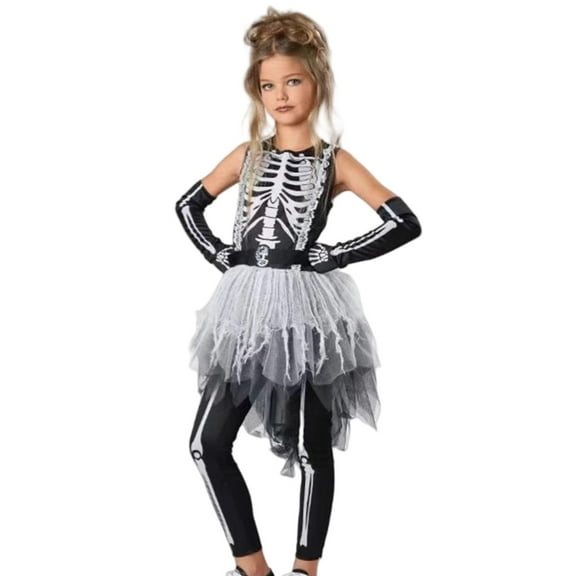 MUXiin ,MUXiin Girls Halloween 8-9 Years,Girls Halloween Skeleton Dress Long Sleeve Printed Party Outfit for Kids Theme,(8-9 Years,Z15-White)