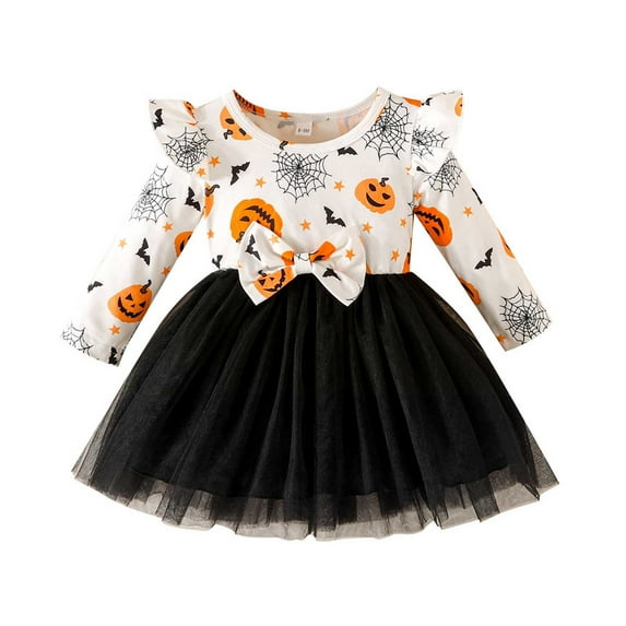 MUXiin Girls Halloween Dress,Girls Halloween Bat Pumpkin Print Dress Fall Party Toddler Baby Casual Playwear Soft Comfortable Outfit for 2-3 Years