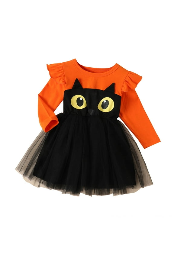 Girls Halloween Dress,Girls Long Sleeve Mesh Cat Halloween Party Dress For Toddler Kids Casual Play Outfit for 4-5 Years