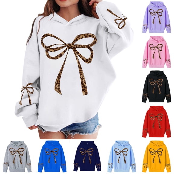 MUXiin Girls Hoodies Size 10-12 Leopard Bow Graphic Hoodies Cute Hooded Sweatshirts Kids Preppy Hoodie Long Sleeve Pullover Tops 3-12Y