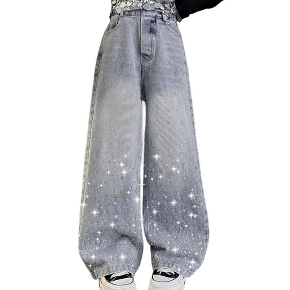 MUXiin Girls Jeans Size 10-12,Girls Fashion Wide Leg Jeans Casual Elastic Waist Denim Pants With Pockets Cute Personality Comfortable Stylish Toddler Outfit