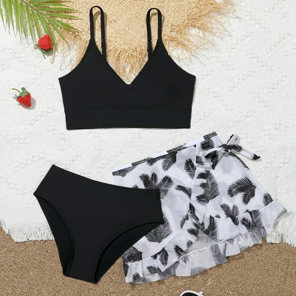 MUXiin Girls One Piece Swimsuits Three Piece Tropical Print Toddler Bathing Suit Girl Rash Guard Comfortable Fit Surfing Swimsuit Adorable Swimwear for Girls At the Pool