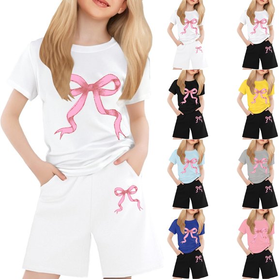 MUXiin Girls Outfits 5t Letter Print Short Sleeved Sports Suit Round Neck Loose Two Piece Set for Children Back To School Clothes for 8-9 Years