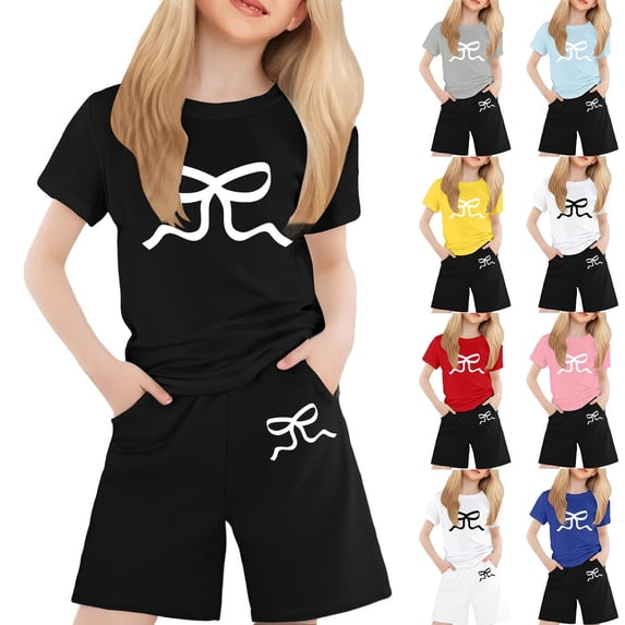 MUXiin Girls Outfits 5t Letter Print Short Sleeved T Shirt Set Round Neck Fashion Casual Activewear Clothing Set for Girls Outdoor Casual Clothes for 10-11 Years