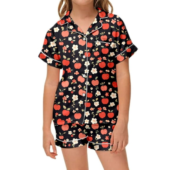 MUXiin Girls Satin Pajamas Funny Cute Fruit Printed Button Down Short Sleeve Loungewear Clothes Set Comfortable Home Clothes 2 Piece Summer Loungewear Nightwear Outfits