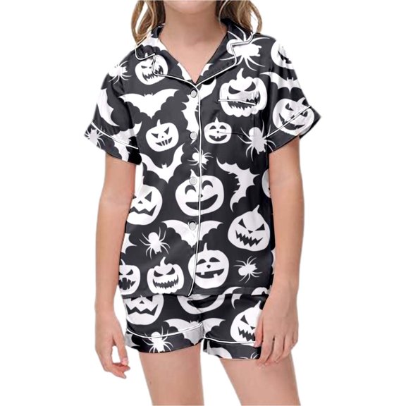 MUXiin Girls Satin Pajamas Girls Pajama Set Short Sleeve Shorts Striped Print Casual Sleepwear Batwing Design Comfortable Kids Nightwear For Spring Summer