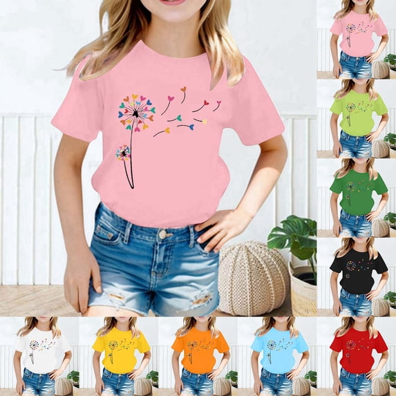 MUXiin Girls Short Sleeve T-Shirt Summer Tops for Kids Lovely Print Crewneck Graphic Tees,Blue 8-10 Years
