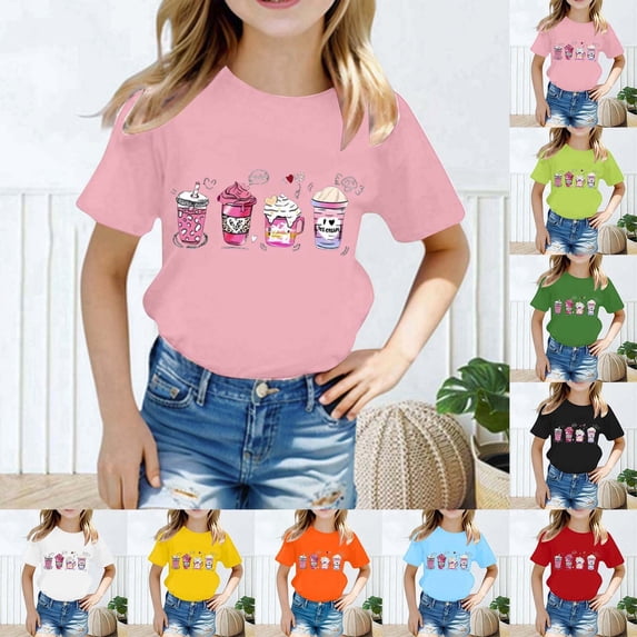 MUXiin Girls Short Sleeve T-Shirt Summer Tops for Kids Lovely Print Crewneck Graphic Tees,White 8-10 Years