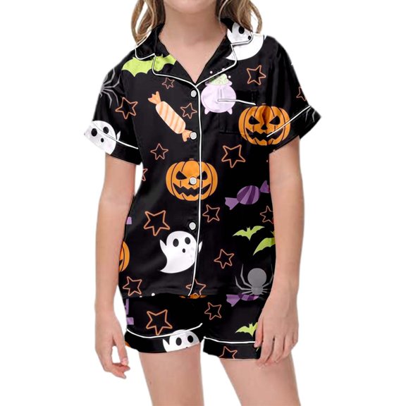 MUXiin Girls Silk Pajamas Size 10-12 Girls Halloween Print Pajama Set Short Sleeve Lapel Top And Pants Comfy Sleepwear For Kids Casual Home Loungewear Outfit Age 3 13 Years