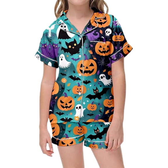 MUXiin Girls Silk Pajamas Size 10-12 Girls Halloween Print Pajama Set Short Sleeve Lapel Top And Pants Comfy Sleepwear For Kids Casual Home Loungewear Outfit Age 3 13 Years