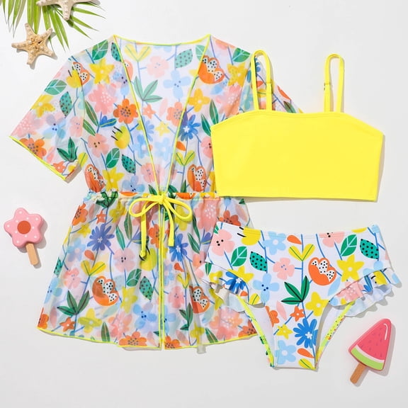 MUXiin Girls Size 10 Swimsuit Three-Piece Ruffled Details Swim Dress Rash Guard Durability Summer Swimwear Cute Girls' Cute Swimsuit