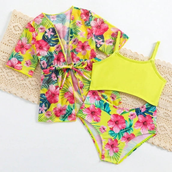 MUXiin Girls Size 10 Swimsuit Three-Piece Tropical Print Girls Bathing Suit Rash Guard Durability Pool Party Swimsuit Lightweight Colorful Kids' Swimming Clothes
