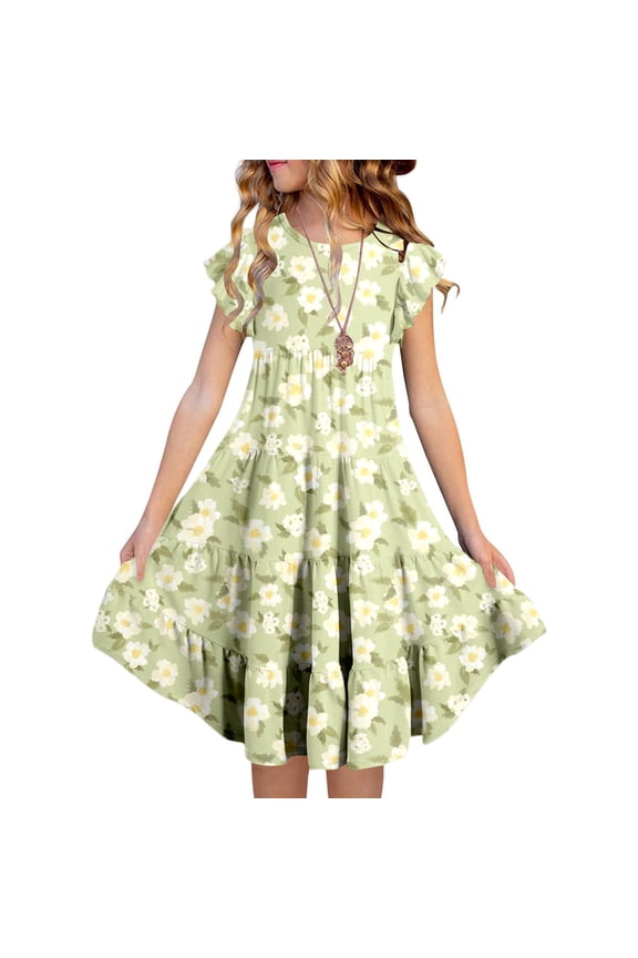 Girls Spring Dresses Size 5-6 Cute Print Flutter Ruffled A-Line Girls Easter Dress Loose Sundress Summer Dresses for Girl