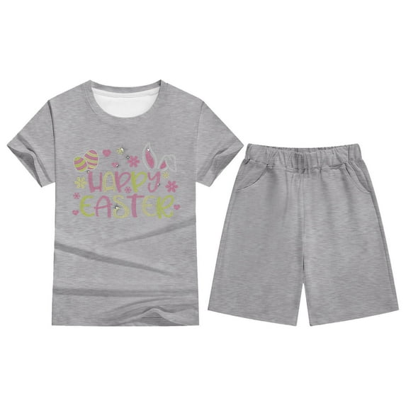 MUXiin Girls Summer 2 Piece Easter Outfits Kids Cartoon Rabbit Bunny Oversized T Shirts and Shorts Clothing Sets 5-14 Years
