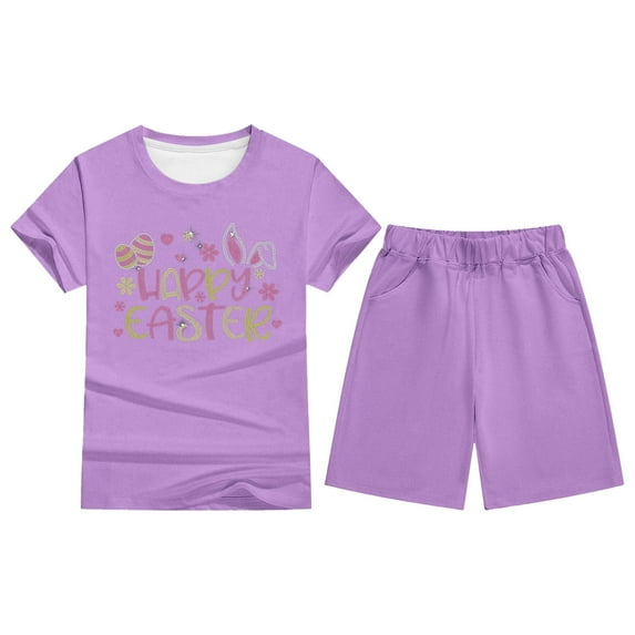 MUXiin Girls Summer 2 Piece Easter Outfits Kids Cartoon Rabbit Bunny Oversized T Shirts and Shorts Clothing Sets 5-14 Years