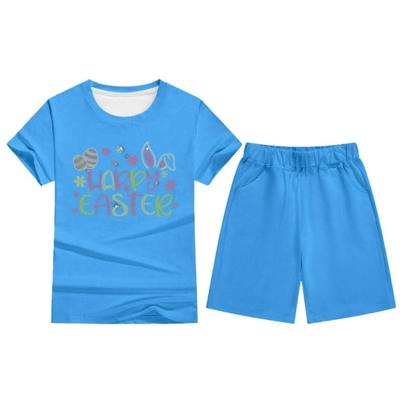 MUXiin Girls Summer 2 Piece Easter Outfits Kids Cartoon Rabbit Bunny Oversized T Shirts and Shorts Clothing Sets 5-14 Years