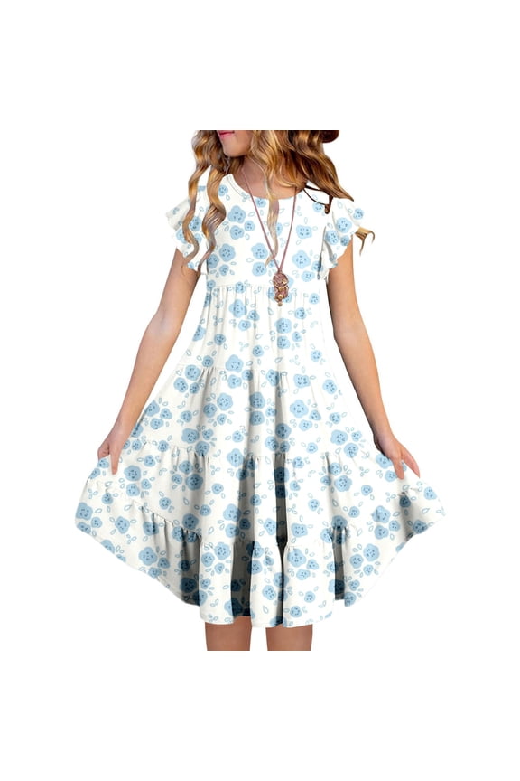 Girls Summer Dresses Gradient Print Flutter Ruffled A-Line Girls Easter Dress Soft Flower Girl Dresses for Girls