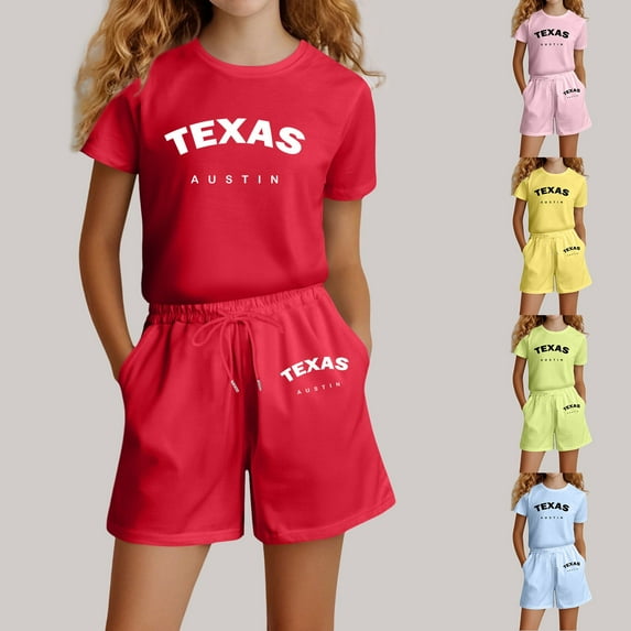 MUXiin Girls Summer Outfits Size 16 Letter Print Short Sleeve T Shirt Tops + Elastic Shorts Crewneck Fashion Sports Tshirt Shorts 2pc Outfits Clothes Preppy Clothes for 4 Years