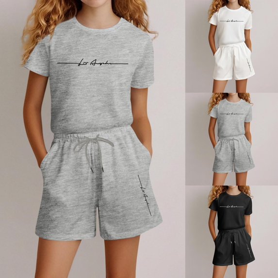MUXiin Girls Summer Outfits Size 7/8 Graphic Print Shorts Sleeve Sports Sets Round Neck Fashion Casual Streetwear 2-Piece Set Preppy Clothes for 7-8 Years