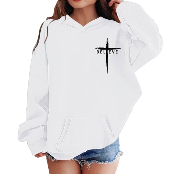 MUXiin Girls Sweatshirt Size 8,Believe Christian Cross Jesus Christians Girls Hoodies for Kids Fall Clothes,13-14 Years,White