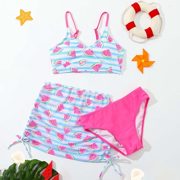 MUXiin Girls Swimsuit Size 7 Three Piece Tropical Print Girls Bathing Suit Quick Dry Stylish Design Summer Swimwear Stretchy Girl's Holiday Swimwear