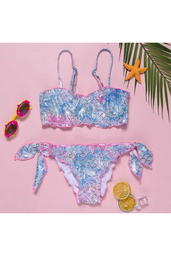 Girls Swimsuit Two Piece Bathing Suit Rainbow Bikini Set Cute Fish Scale Bikini Set