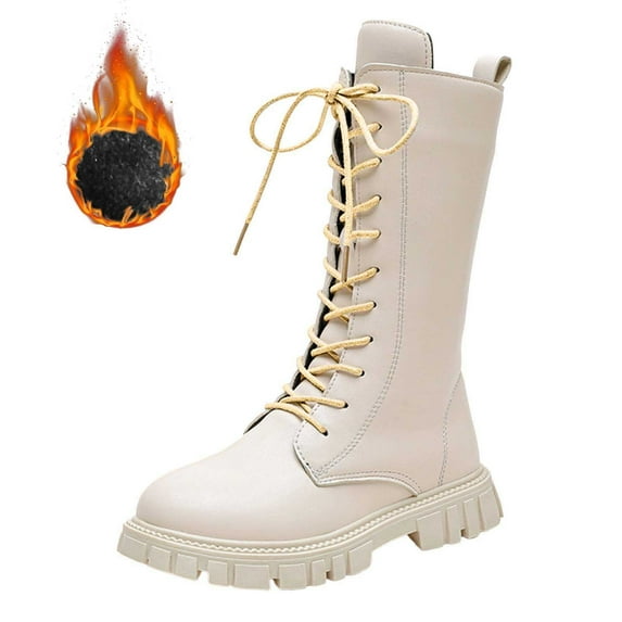 MUXiin Girls White Lace-Up Combat Boots with Side Zipper, Knee-High Lug Sole Dress/School Boots – Toddler/Little/Big Kids
