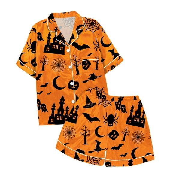 MUXiin Halloween Pjs Toddler 10-11 Years Orange,Halloween Print Pajama Set Short Sleeve Lapel Top And Pants Comfy Sleepwear For Kids Casual Home Loungewear Outfit