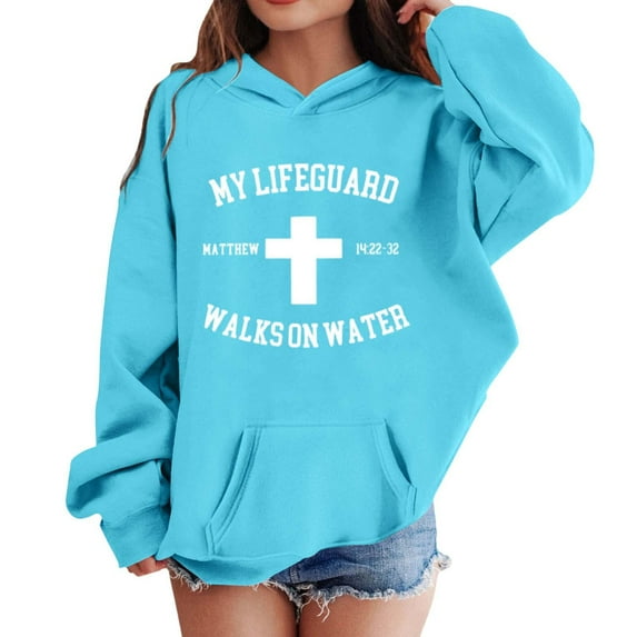 MUXiin Jesus Hoodies for Teen Girls Trendy Cute Casual Christian Letter Print Sweatshirts Long Sleeve Tops with Pockets Back To School Tops,10-11 Years,Sky Blue