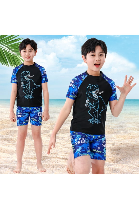 Kids Bathing Suit Rash Guard Short Sleeve Baby Boy Swimsuit Boys Swim Shorts Cartoon Dinosaur Quick Dry Breathable Sun Protective Bathing Suits for 5-6 Years