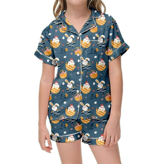 MUXiin Kids Easter Outfits Girls Cartoon Animals Short Sleeve & Short Pants Outfit Satin Silk Button Up Collared Easter 2 Piece Nightwear Easter Gifts for Boys,Navy,8-9 Years