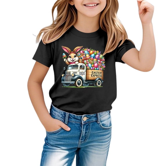MUXiin Kids Easter Shirt Girls Rabbit Print Short Sleeve T Shirt Top Comfy Easter's Day Vacation Tops Children's Shirts Easter Gifts for Kids(Black,1-2 Years)