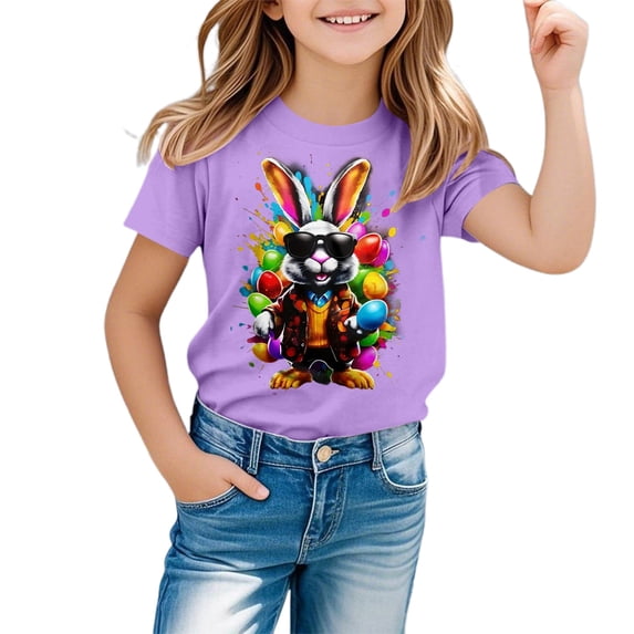 MUXiin Kids Easter Shirts Girls Bunny Eggs Short Sleeve T-Shirt Fashion Casual Happy Easter Summer Tops Tee for Boys & Girls Easter Gifts for Girls(Purple,1-2 Years)