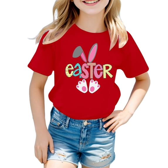 MUXiin Kids Easter Shirts Girls Cartoon Bunny Short Sleeve T Shirts Funny Easter's Day Preppy Tops T Shirts for Boys and Girls Easter Gifts for Boys(Red,2-3 Years)