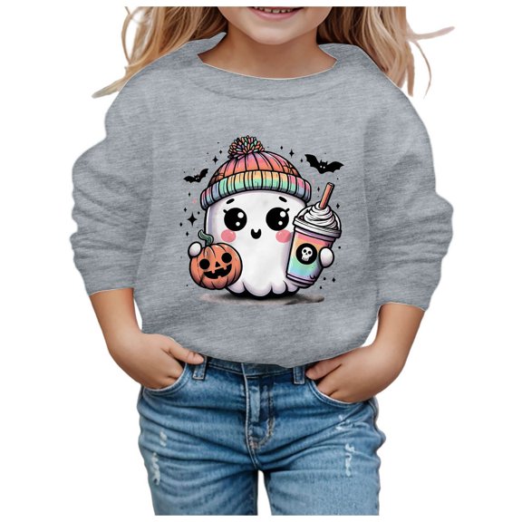 MUXiin Kids Halloween Sweatshirt Girls Boys Skeleton Pumpkin Ghost Toddler Shirt Crewneck Long Sleeve Graphic Top for 7-8 Years