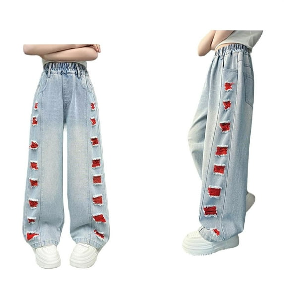 MUXiin Baggy Jeans for Girls 13 Rip-Stop Plain Cute Star Baggy Denim Pants Classic Pull on Jeans Long Trousers Streetwear Flap Pockets