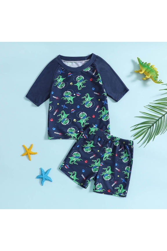 Kids Swimsuit Rash Guard Short Sleeve Beach Swimwear Swimming Trunks Clothes Cartoon Printed Quick Dry Breathable Beach Holiday Bathing Suits for 3-4 Years