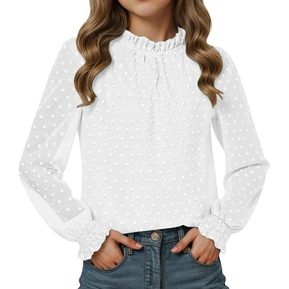 MUXiin Long Sleeve White Shirts For Girls,Girls Puff Long Sleeve Shirts Lace Polka Dot Chiffon Pullover Tops Elastic Elegant Stand Collar Cute Soft Blouses Outwear for Kids 11-12 Years
