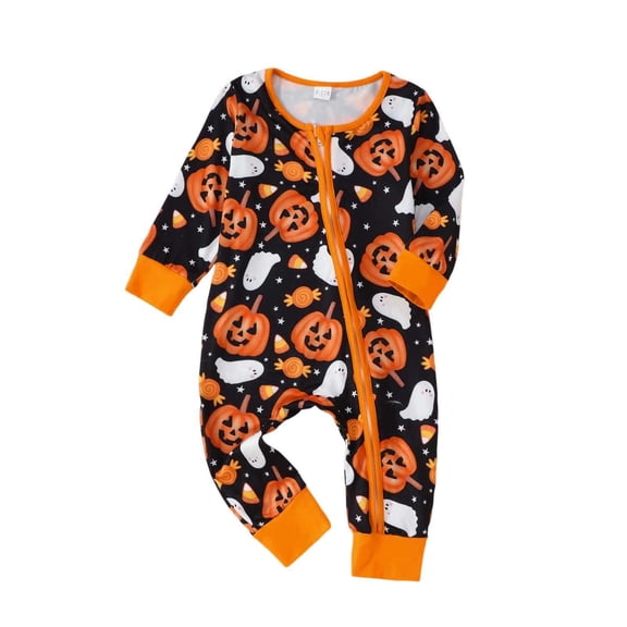 MUXiin Long Sleeved Pumpkin Print Baby Bodysuit Halloween Overall Zippered Crawling Suit For Boys 0-1 Year Soft Comfortable Outfit,Black,0-3 Months