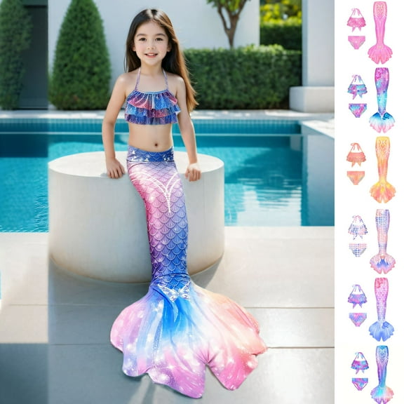 MUXiin Swimsuit for Girls 4-6 Tail Tails Fishscale 3 Piece Bathing Suit for Little Girls Funny Girls Swimsuit Bathing Suits Girls'swimwear Bikini 3pc Set