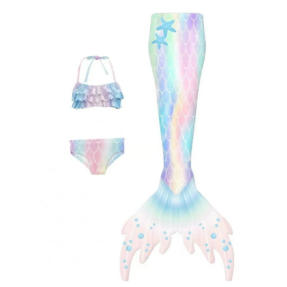 MUXiin Swimsuit with Tail for Girls 7-8 Fish Tail Set Fish Scale 3 Piece Bathing Suit for Little Girls Funny Summer Beach Outfit 3 Piece Set Swimsuit for Girls