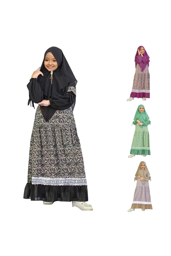 Muslim Baby Girls' Floral Abaya With Hijab Full Length Robe Burka Maxi Little Kid Toddler Baby Girl Dresses for 11-12 Years