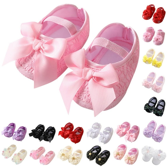 MUXiin Newbron Baby Girls Mary Jane Shoes with Headband Soft Sole Anti-skidding Bowknot Lace Princess Flats Shower Wedding Dress Crib Shoes