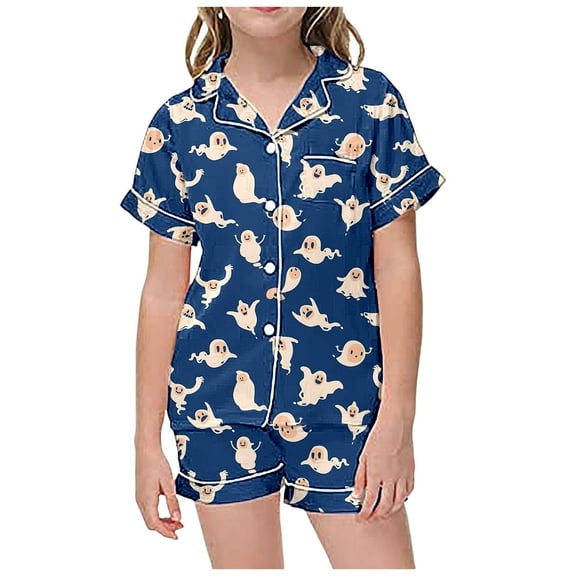 MUXiin Pajamas For Kids 6T Children's Leisure Halloween Printed Button Collar Short Sleeved Top Shorts Pajama Set